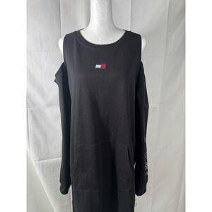 Tommy Hilfiger Sport Black Cold Shoulder Sweatshirt Dress Logo XL#206